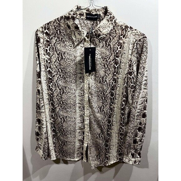 PRETTYLITTLETHING Tops - Pretty Little Thing Oversized SZ 6 Brown Snake Print Swifties Button Up Shirt